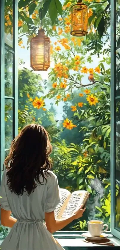 Woman reading by a sunny open window with greenery and flowers.