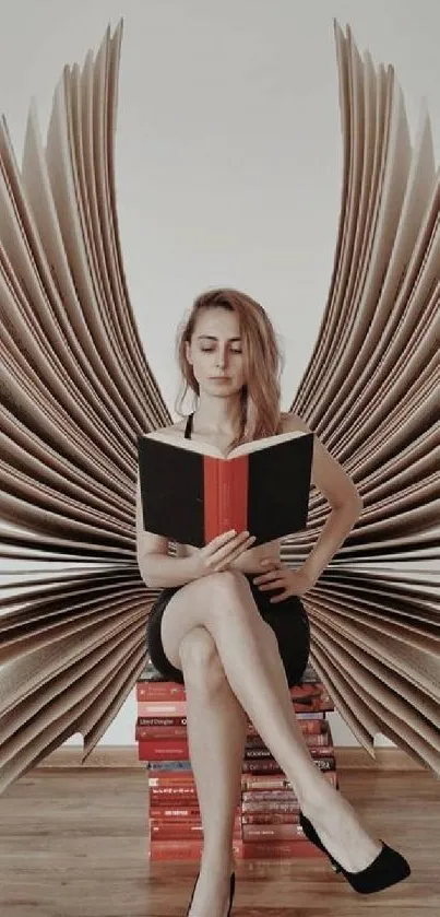 Woman reading with artistic page wings behind.