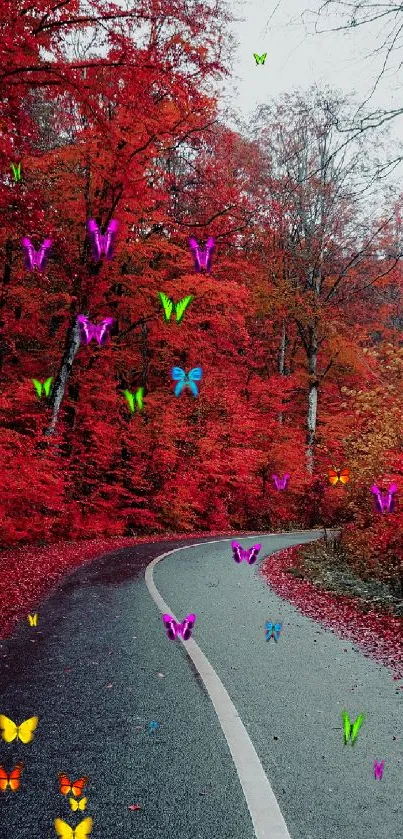 Vibrant red forest pathway in autumn.