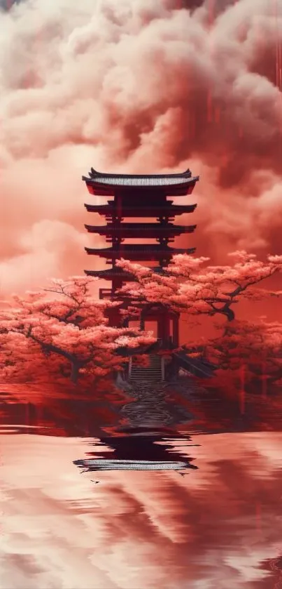 Red Japanese pagoda with clouds and water reflection.