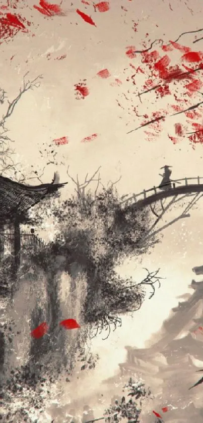 Japanese bridge with red leaves on a serene artistic wallpaper.