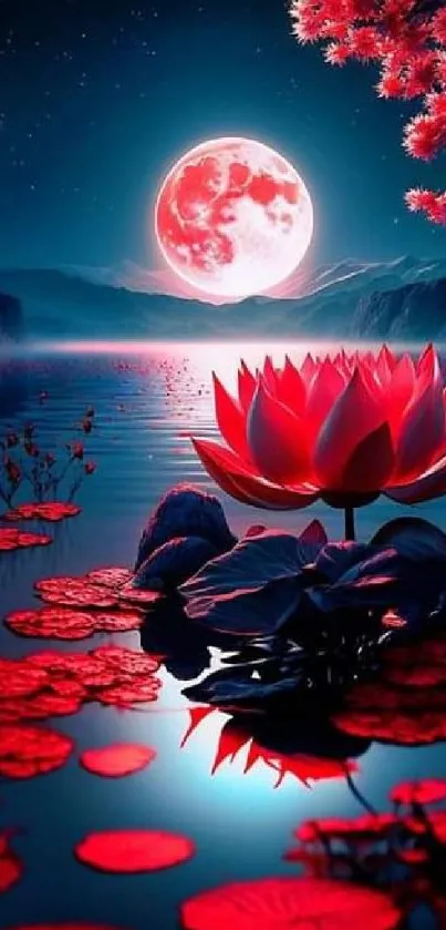 Vibrant red lotus reflecting under a glowing moonlit sky on calm waters.