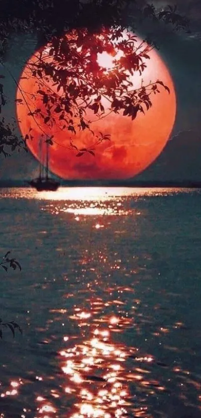 Red moon reflecting over a calm ocean nightscape.