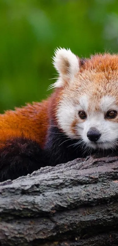 Cute red panda resting on a tree in a lush green forest.