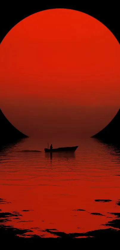 Red sun setting over calm water with boat silhouette.