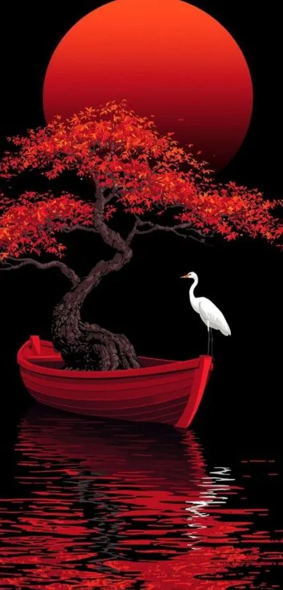 Red boat with a tree and heron against a red sunset.