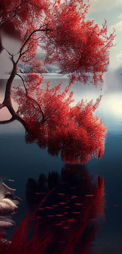 Serene red tree reflection over tranquil lake in picturesque landscape.