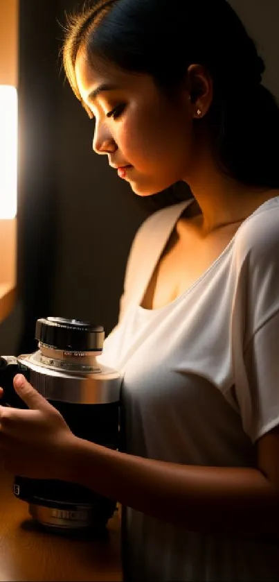 Elegant woman in soft light holding object, creating a serene atmosphere.