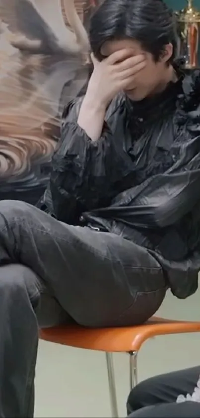 A stylish person in black clothing sits contemplatively on an orange chair.