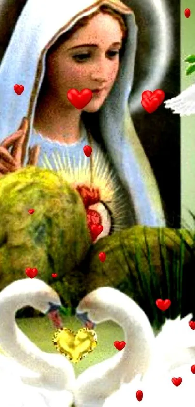 Serene religious wallpaper with swans and sacred symbols.