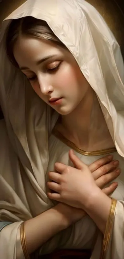 Serene religious portrait featuring a peaceful figure with crossed arms.