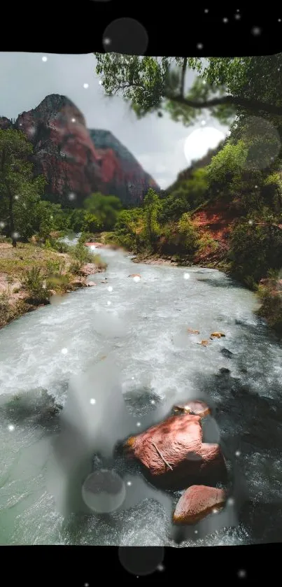 A serene river flows through a lush, green landscape with mountains in the background.