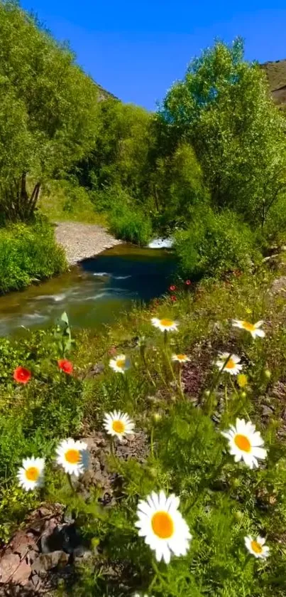Wildflowers and a serene river under a clear blue sky.