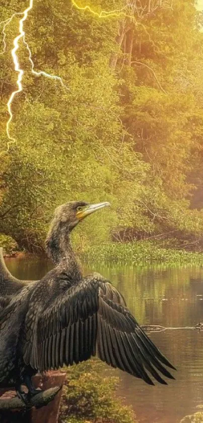 A bird by a serene river with lightning and lush greenery.