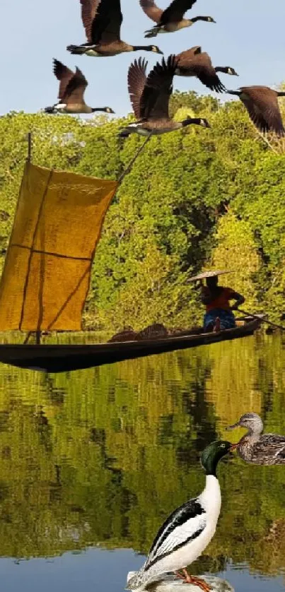 Tranquil river scene with birds flying over a reflective forest landscape.