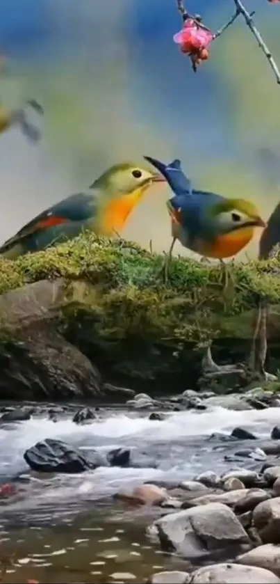 Colorful birds by a river with foliage and rocks.