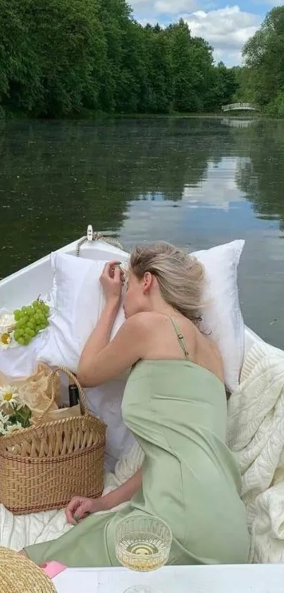 A peaceful scene of a woman relaxing on a boat surrounded by nature.