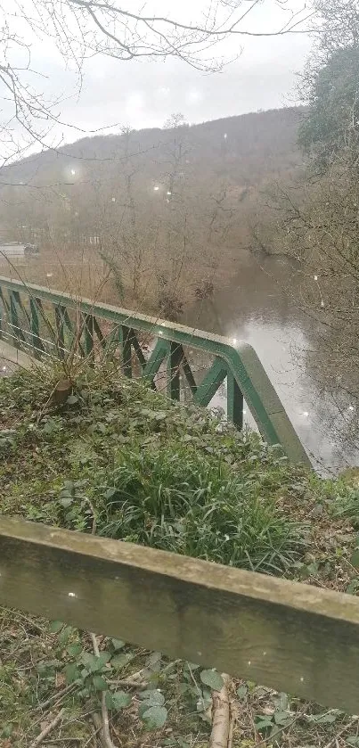 Serene river view with a metal bridge surrounded by lush greenery.