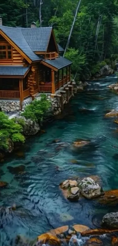 Log cabin by a serene river with surrounding forest.