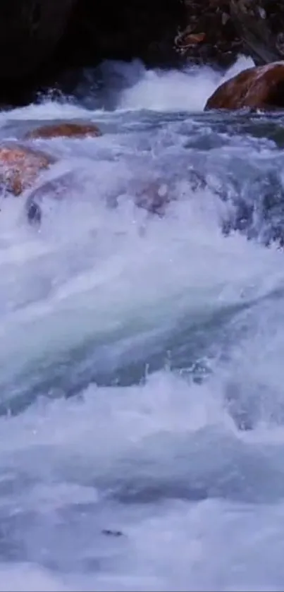 A serene mountain river flowing over rocks, creating a peaceful natural scene.