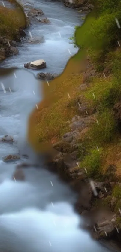 Serene river flowing through lush green landscape with rocks and gentle water.