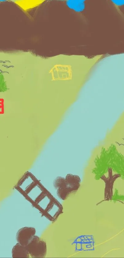 Artistic depiction of a serene countryside with river and cottages.