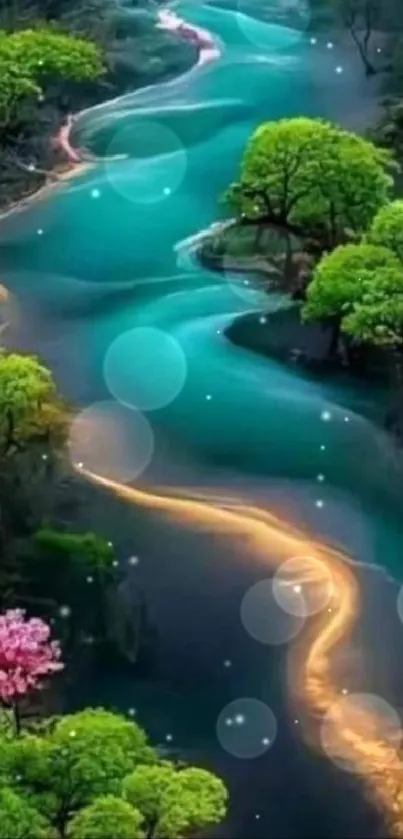 Serene river with lush greenery and glowing path.