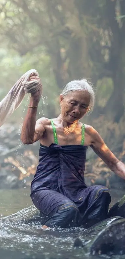 Elderly woman enjoying a peaceful river setting.