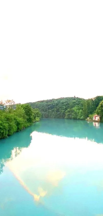 Tranquil turquoise river and green forest reflection wallpaper.