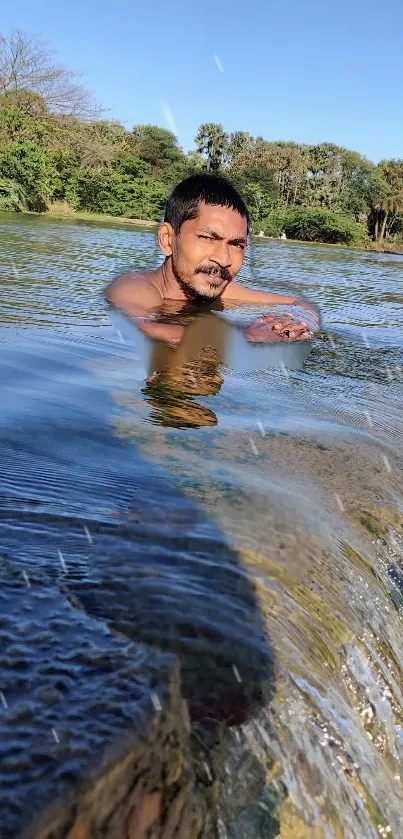 Man swimming in a calm river under a clear blue sky.