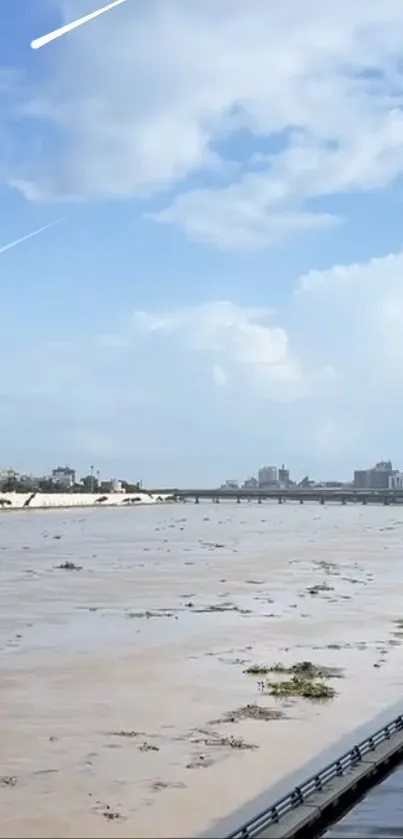 Serene river view with city and blue sky.