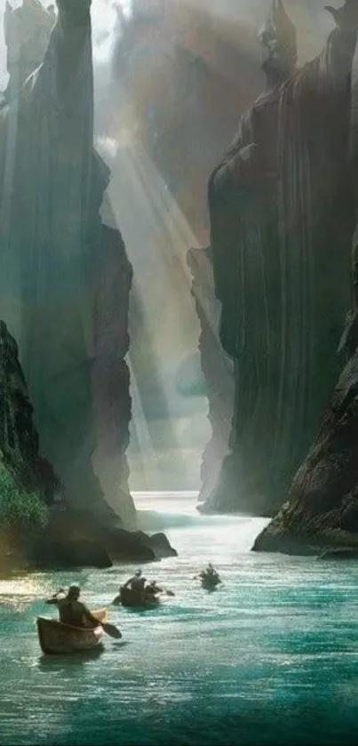 Serene river scene with towering cliffs.