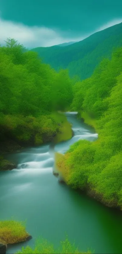 Serene river flowing through lush green valley.