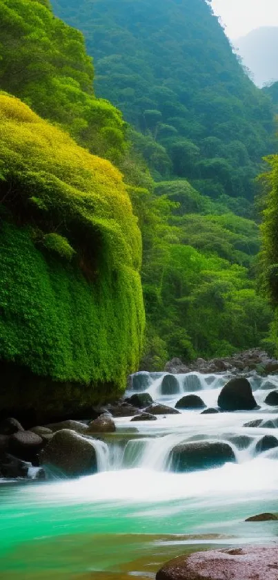 Peaceful river flowing through a lush green valley.