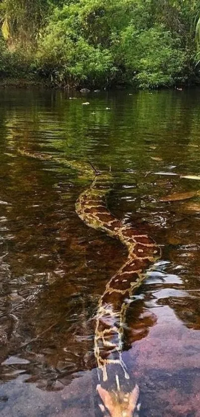 Python swimming in a serene jungle river.