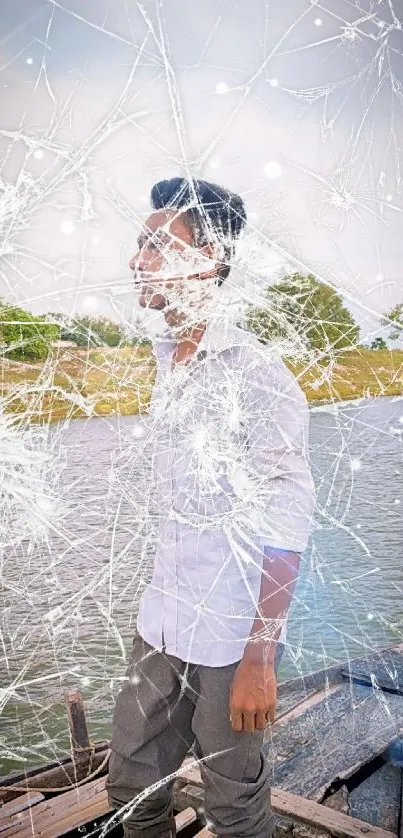 Young man on boat by serene riverside with nature backdrop.