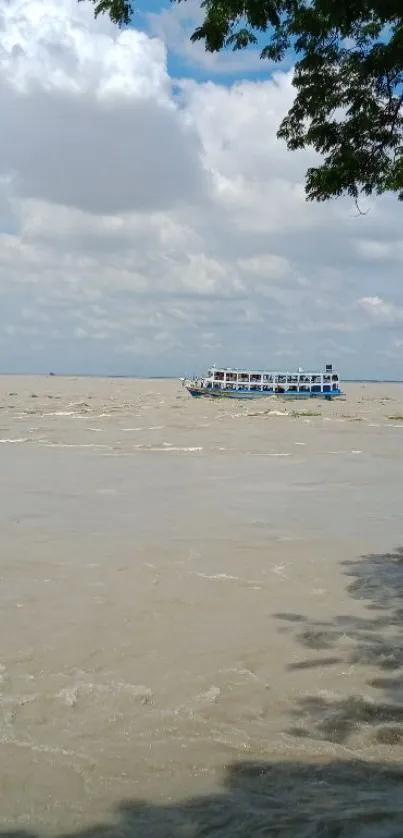 Calm river with boat and cloudy sky.