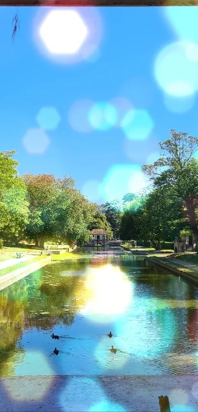 Serene riverside view with ducks, framed by trees under a blue sky.