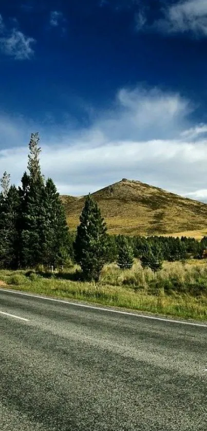 Mobile wallpaper of a serene road under blue sky and green landscape.