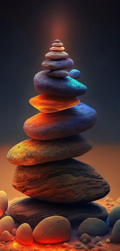 Stacked colorful stones in tranquil balance.