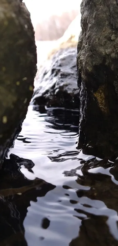 Tranquil stream flowing between dark rocks in a serene natural setting.