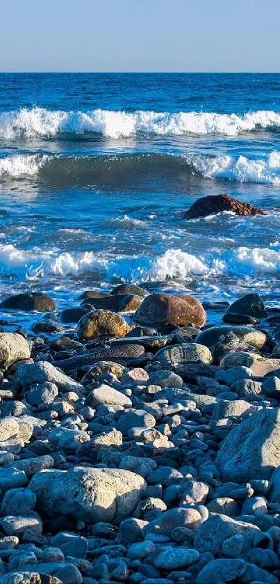 Rocky beach with waves crashing gently.