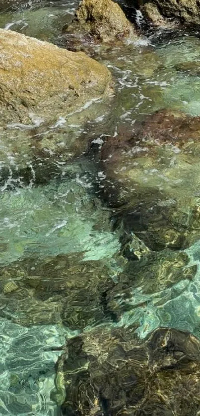 Rocky shoreline with turquoise waters and serene ambiance.