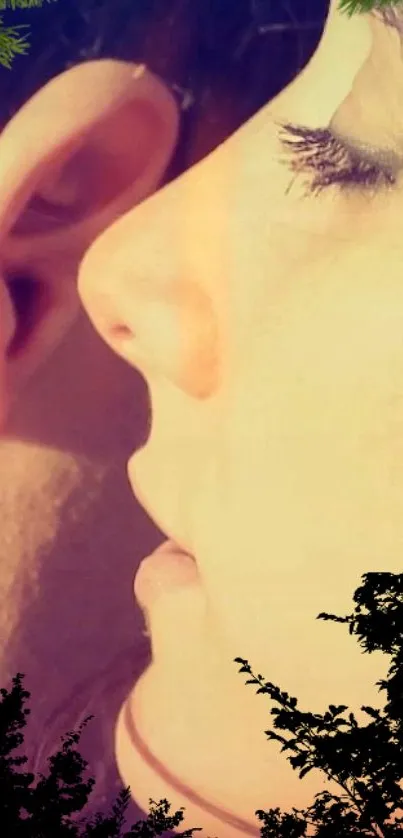 Romantic couple sharing a tender moment with nature backdrop.
