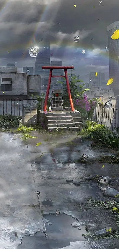 Rooftop shrine with urban rain backdrop.