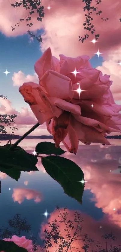 Peaceful pink rose reflecting in serene waters under dreamy clouds.