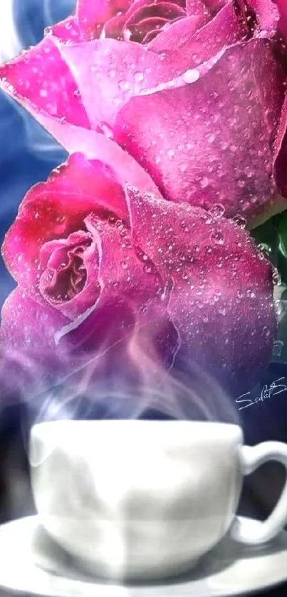 Dew-kissed pink roses with a steaming coffee cup on blue.