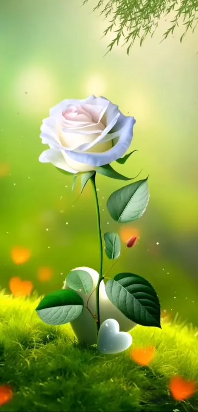 White rose in lush green fantasy setting