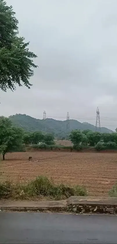 Serene rural landscape with hills, trees, and power lines under a gray sky.