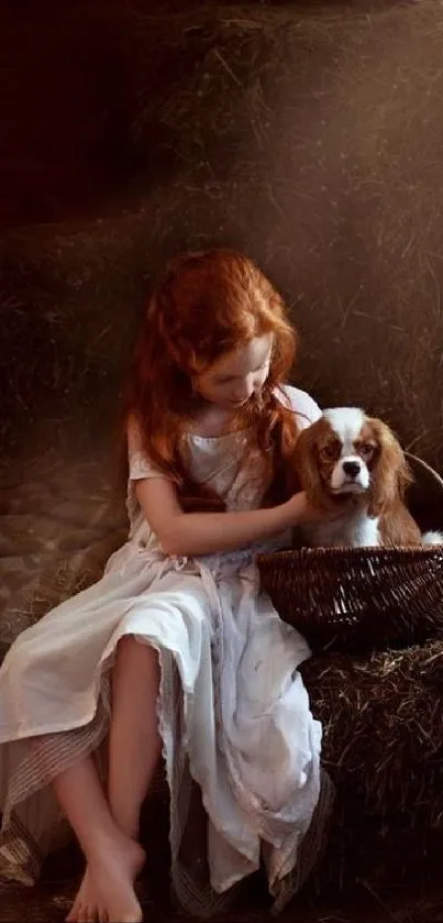 Girl in white dress with dog in basket, rustic setting.